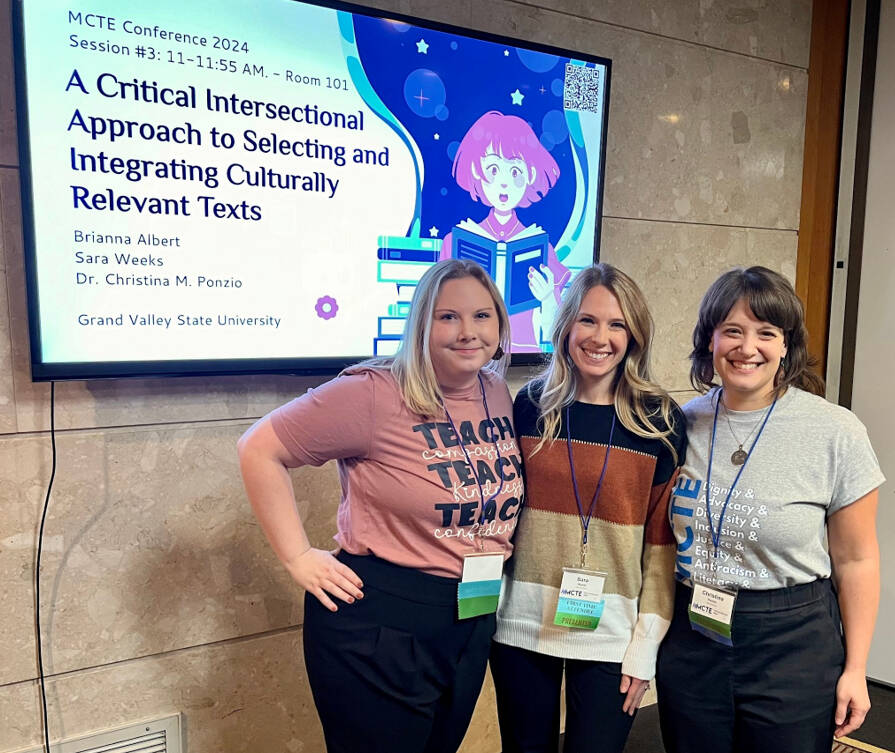 Graduate students Brianna Albert and Sara Weeks celebrate their presentation with Dr. Christina M. Ponzio at the Michigan Council of Teachers of English Conference 2024.